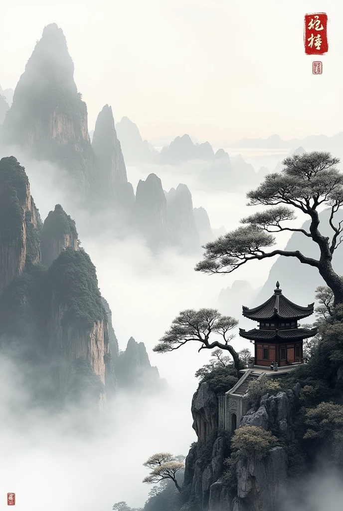 Chinese martial arts styles, The sky is vast, Mountains and cliffs, ink wash style, outline light, atmosphere, Depth of Field, The fog rises, bamboo, pine, stone pavilions, Fall,ink 