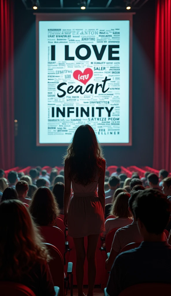 masterpiece, Highest image quality, photo realistic, Raw photo, full body photo, (girl look at the viewer, front view), (in the theater, girl is presenting the big Typography poster to people, girl stand in front of the typography poster, many people look at the girl, many word and design on typography poster, typography poster with text "I Love Seaart Infinity")