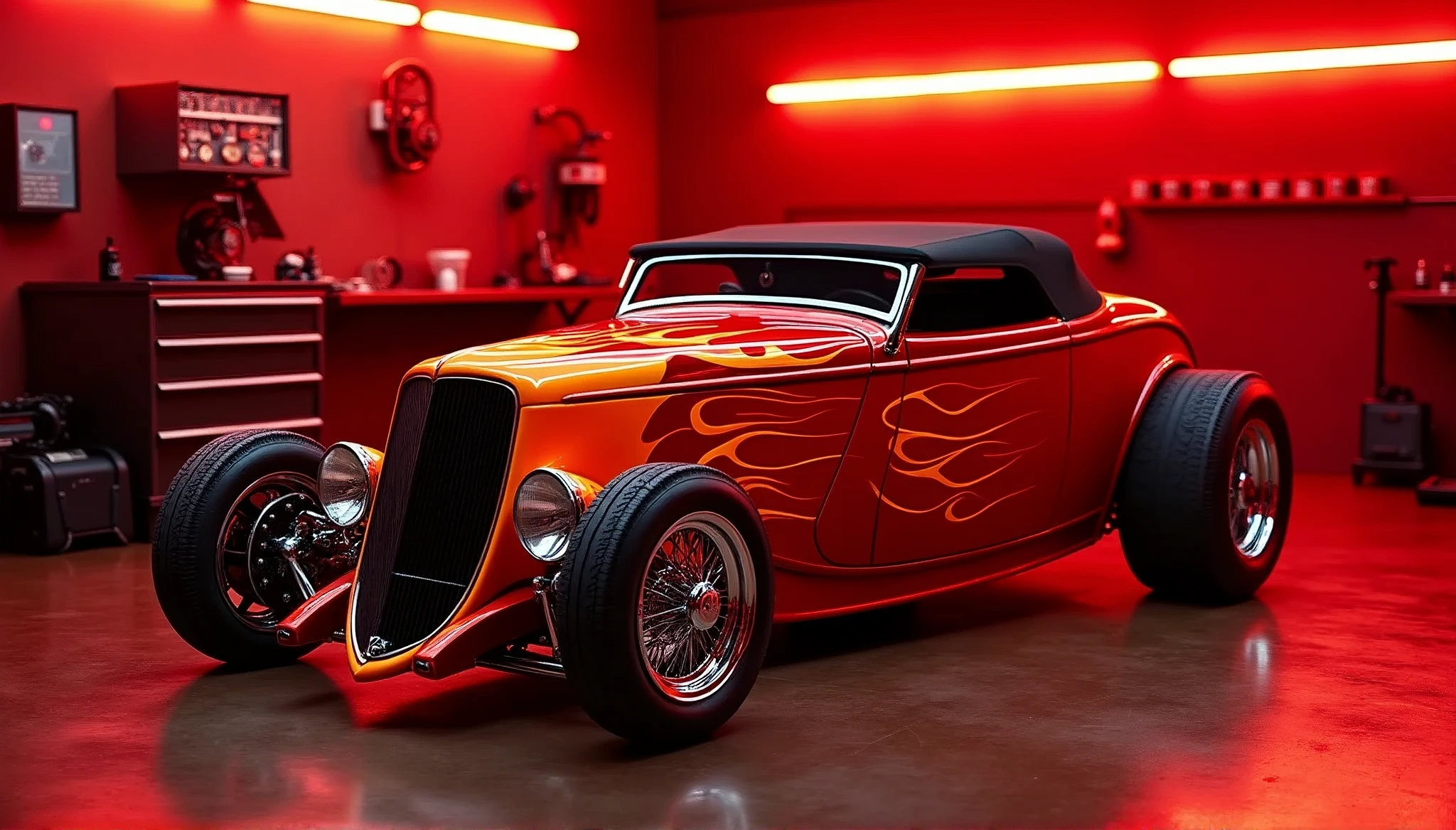The image showcases a classic hot rod 34 ford roadster car, characterized by its distinctive features. The vehicle's body is painted in a glossy red with orange flames down the side of the car, which contrasts sharply with the neon red background. The car exhibits a long hood and a short rear deck, typical of hot rods, which enhances its aerodynamic profile. The front grille is prominent and flanked by large round headlamps that give the car an aggressive look, The car's wheels are custom back tires wider than the front tires, with spoked rims that add to the vintage aesthetic. The overall condition of the car appears immaculate, suggesting meticulous care and restoration. The setting seems to be a garage or workshop, indicated by the presence of mechanical equipment in the background, which adds to the authenticity of the scene.
