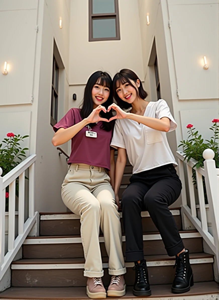 photograph, two smiling beautiful Korean female nurses wearing pink scrubs making heart shape with arms, beautiful detailed face, black hair, pale skin, fair skin, realistic skin, detailed cloth texture, detailed hair texture, Perfect proportion, Beautiful Face, accurate, Anatomically correct, Highly detailed face and skin texture , looking at viewer , modern hospital building, perfect anatomy