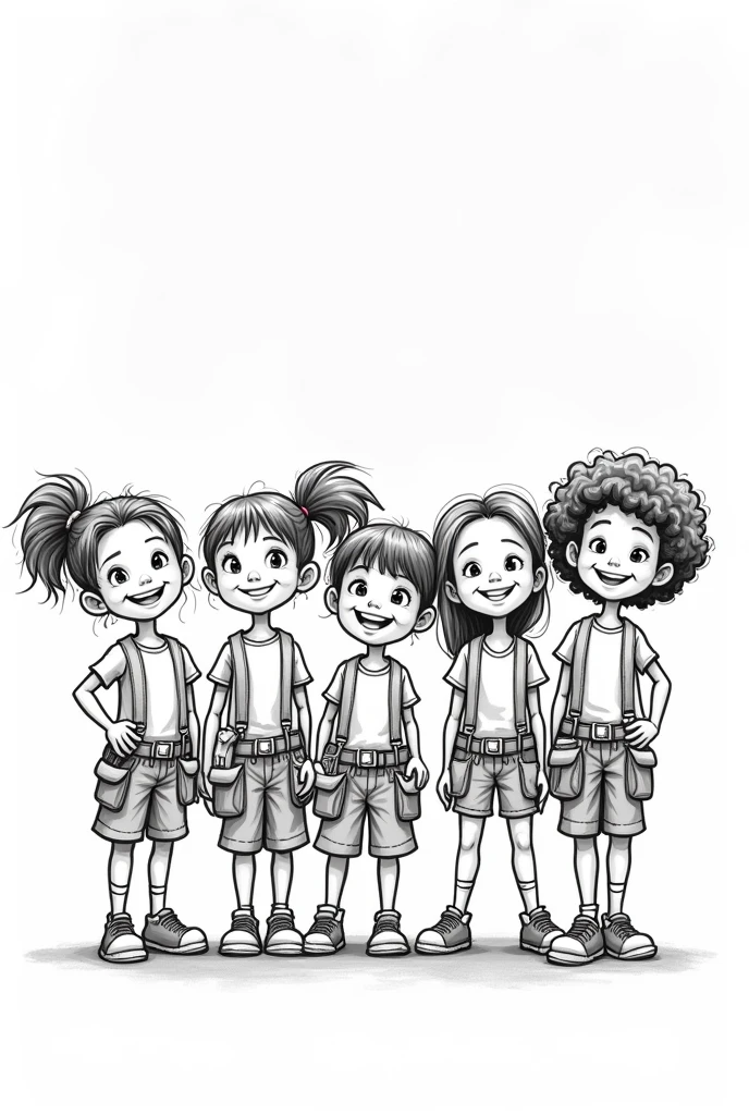 best quality, highres, masterpiece:1.2, ultra-detailed, cartoon :1.37. , white background, monochromatic, line drawing, sketch., ensuring the lines are clear and well-defined for easy coloring. 6 kids with bouncy hair wearing a tool belt ready to work Hispanics