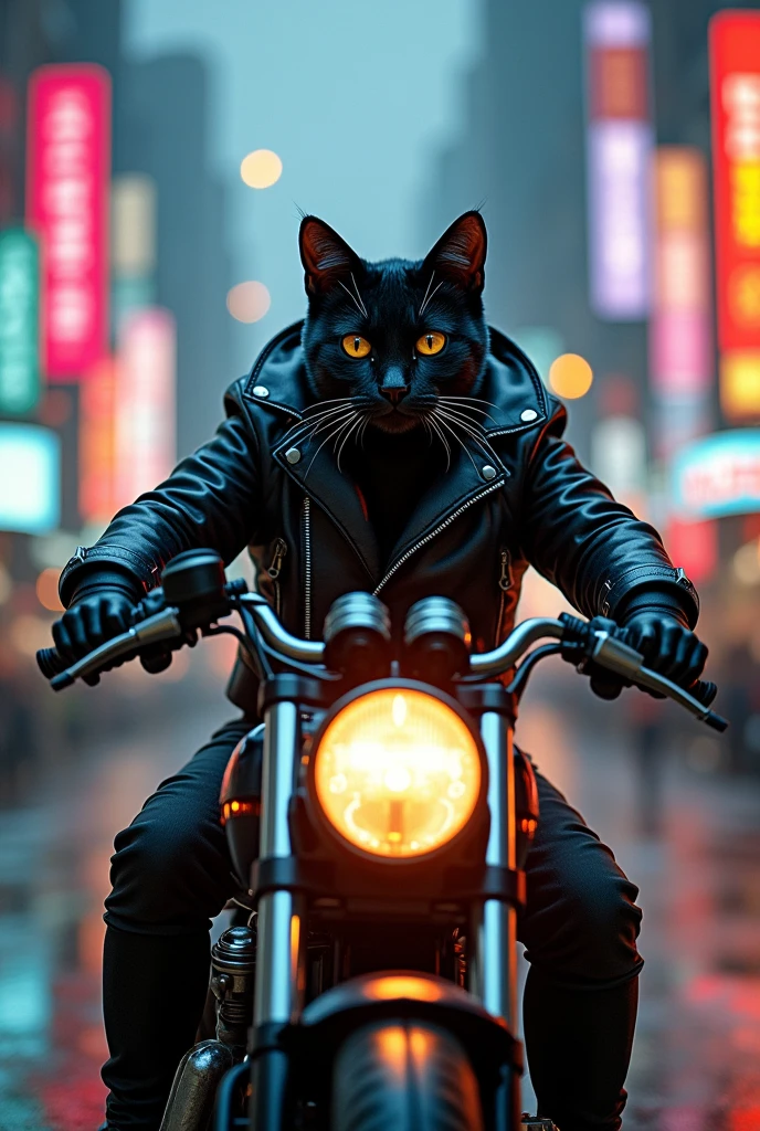 Cat riding a motorbike wearing a black jacket