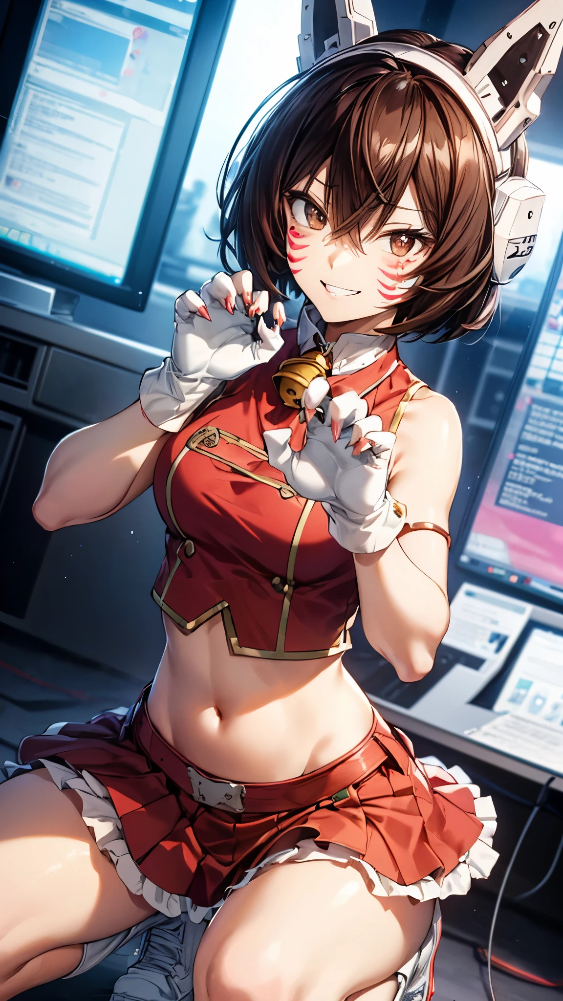 cowboy shot,shinososaki, shino sosaki, short hair, brown hair, animal ears, hair between eyes, (brown eyes), headgear, facial mark, facepaint, smile,gloves, navel, sleeveless, midriff, bell, red skirt, neck bell,((animal hands)),((claw pose)),(squatting,kneeling),masterpiece,Noise Reduction,perfect anatomy,high resolution, ultra-detailed, ultra-detailed face,game cg,dutch angle ,beautiful detailed eyes,visualart,five fingers, perfect hands, perfect lighting, sparkling pupils,