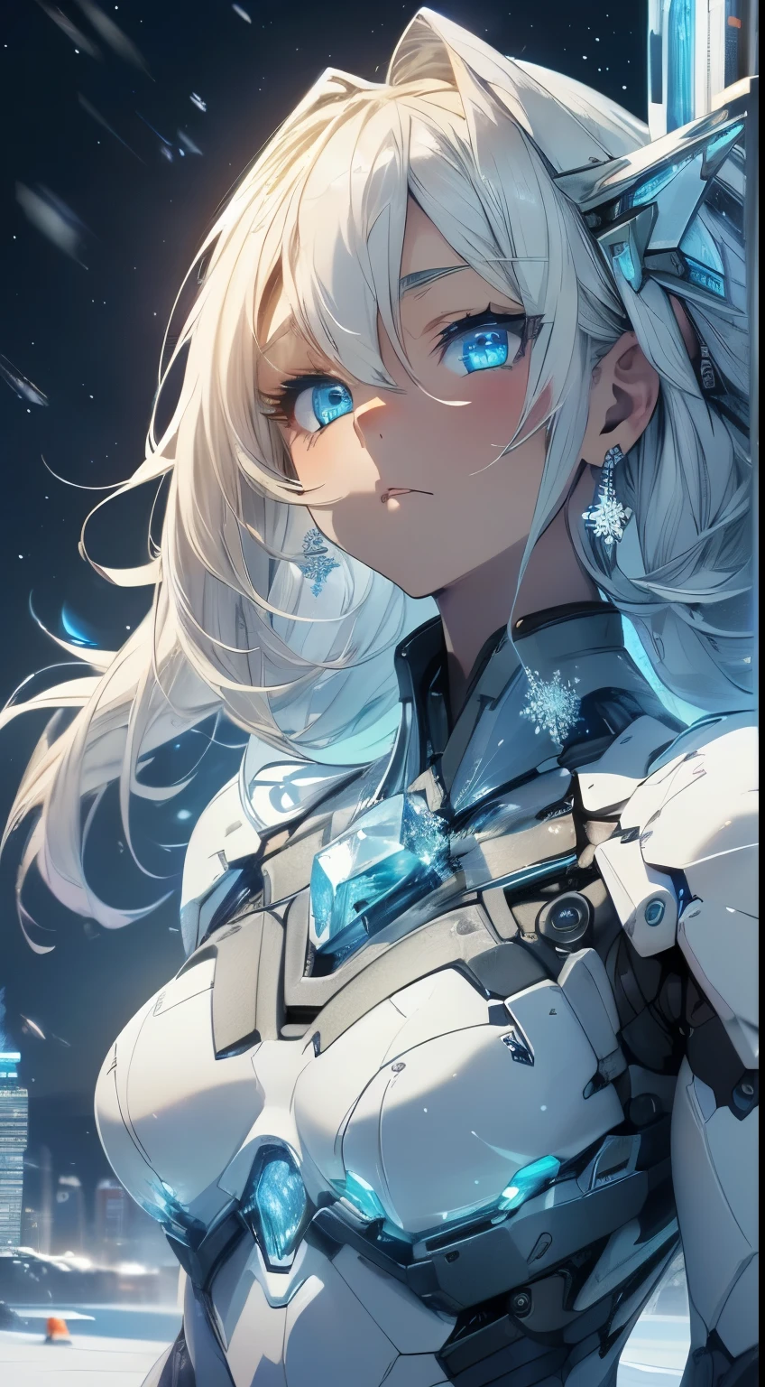 top-quality、Top image quality、​masterpiece、Android Girl((blue mechanic body、、teen ager、White Ml Body、Best Bust、big bast,Beautiful light blue eyes、Breasts wide open, a blond、A slender,Large valleys、dye one's cheeks red、Leaning forward、has a blade of ice、White breath、have an ice gun、Reflecting the whole body)),hiquality、Beautiful Art、Background with((Fantastic world、Ice Burn City at night、snowflakes falling、Heavy snow falls、snowman、ice tower)))、masutepiece、depth of fields,