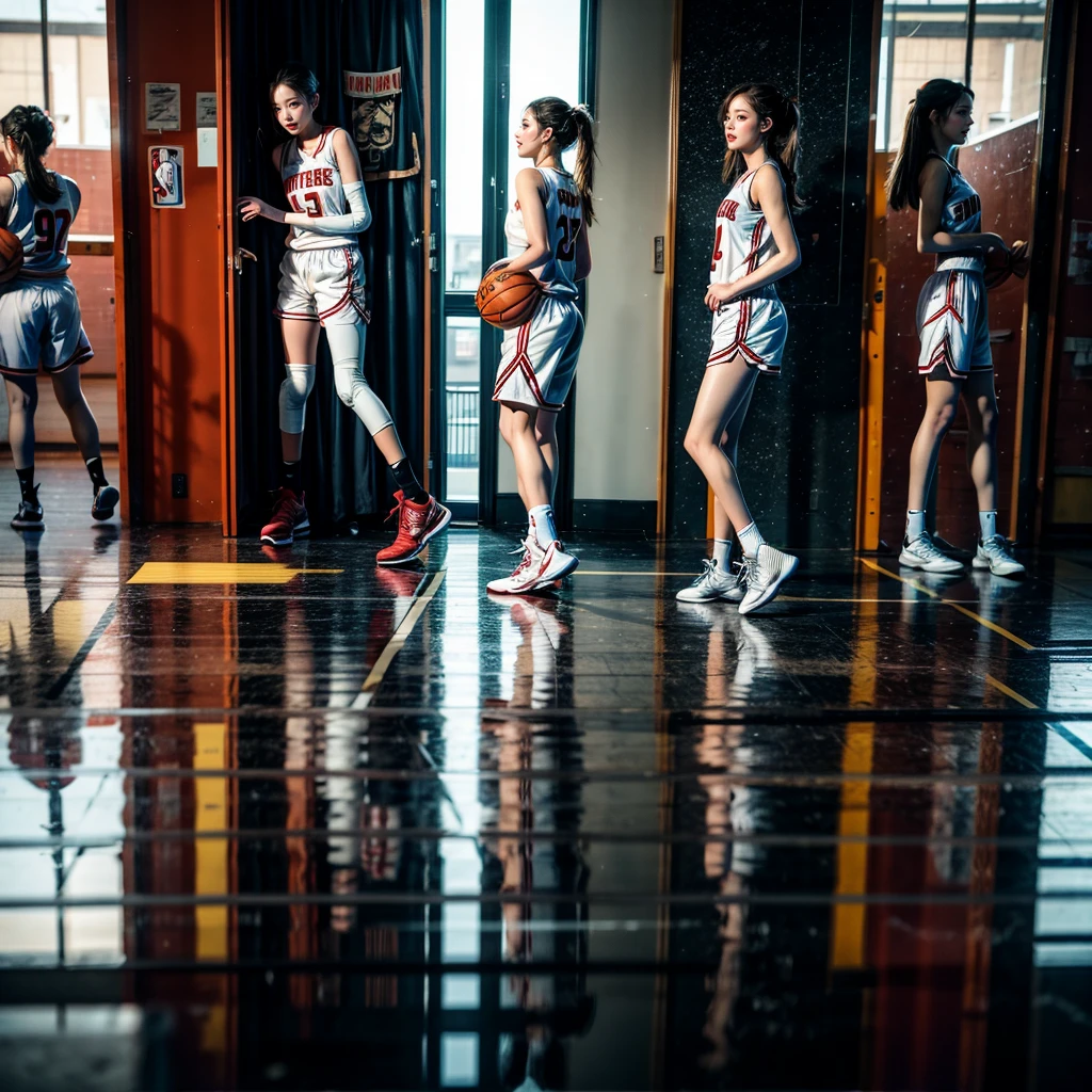 ExtremelyDetailed (((Basketball Team Girls in a row:1.4))), Childish perfect face, Reflective Eyes, Detailed(Delicate Clothing textures), Corrected Leg to Foot Line, Corrected Perfect Hand, Dynamic Joyful Expressions LifeLike Rendering, ((Specular Reflection:1.28)), TopQuality 8K Ultra-detailed masterpiece (ProfessionalPhoto:1.37)(Acutance:0.8),(Luminism:1.22), Locker room (Exposed) Changing clothes