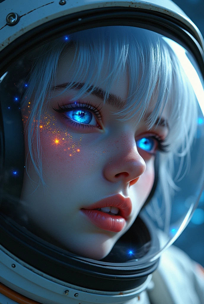 (Close-up of a better masterpiece:1.5)0.9], (Space and astronauts:1.2) (Messy silver hair:1.1) (Heterochromia xanthochromia and blue eyes:1.2) (Space Helmet:1.0) (Colored stars in the eyes:1.0) (A radiant glow:1.1) (thick lips:0.9)