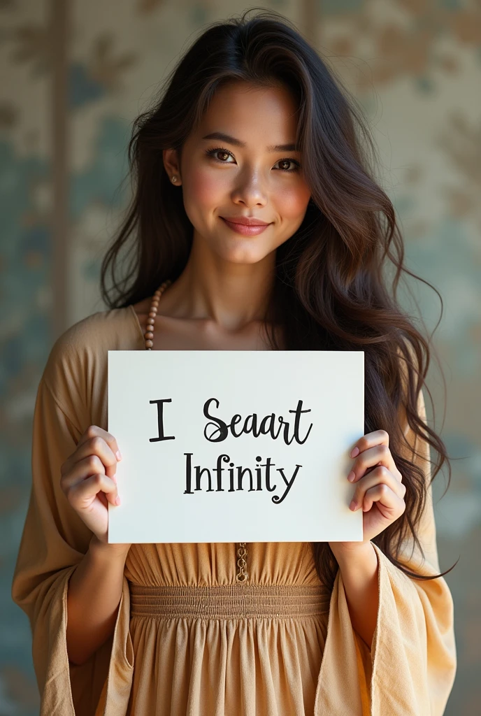 Beautiful girl with wavy long hair, bohemian dress, holding a white board with text "I Love Seaart Infinity" and showing it to the viewer