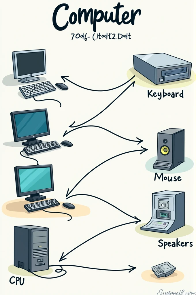 Here’s a prompt for creating a classroom chart on computer parts:
"Design a large, eye-catching classroom chart on chart paper that showcases the basic parts of a computer. Include clear, detailed illustrations of a monitor, keyboard, mouse, CPU, and speakers, each accompanied by its name in bold, easy-to-read text. Arrange the components in an organized layout with arrows or lines connecting each part to its label. Use bright, contrasting colors to make the chart visually appealing and engaging for 5th-grade students. The background should be light and simple, with plenty of space around each part to ensure clarity."