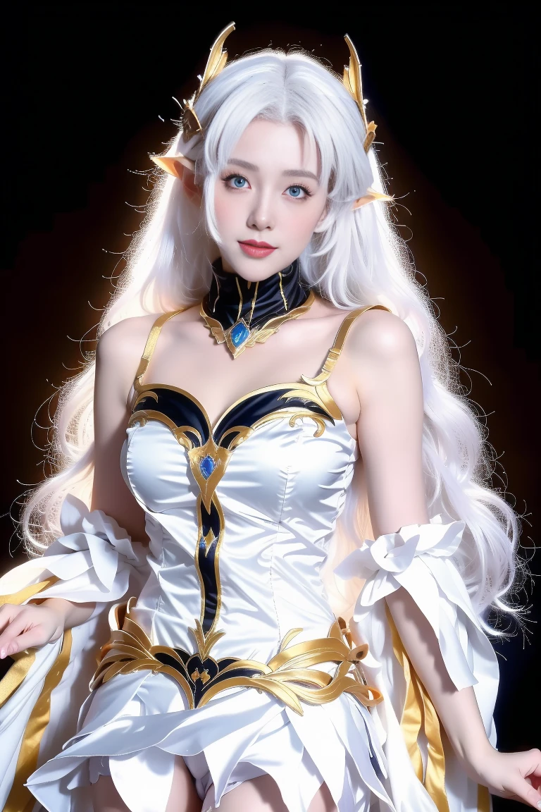  best quality, tmasterpiece, Ultra-high resolution, Clear face, （Reality： 1.4）, perfect lighting,(photorealistic: 1.50), anime wallpaper, Guviz style artwork , fantasy cover up to magic , by Yang J, Guviz, beautiful artwork illustration, beautiful digital artwork, beautiful digital illustration, Li Song, beautiful anime portrait, art style at Beauvot,illustration, ethereal and beautiful, highly detailed, CG, unity, 8k wallpaper, Amazing, fine detail, masterpiece, best quality, official art, highly detailed CG unity 8k wallpaper,absurd, extremely absurd, large file size, highly detailed , high resolution, very detailed,beautiful girl with details, very detailed eyes and face, beautiful detailed eyes,light on the face,cinematic lighting, 1girl, solo, white hair, long hair, hair ornament, yellow eyes, smile, dress, absurddress, Double eyelids, blush, makeup, standing, upper body, indoor, room, simpel blackground,