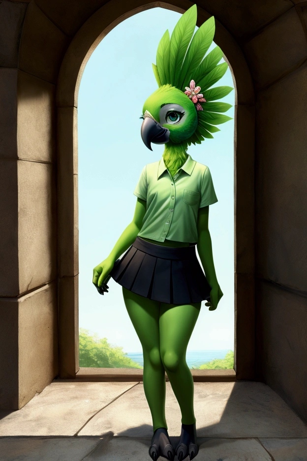 Small, slim female parrot bird with nice big thighs and with pretty green eyes and green plumage and is wearing a short-sleeved shirt and a full-body mini skirt and is 9 years old.
