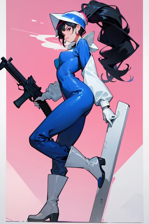 A mature woman with black hair tied up, wearing large pink rubber gloves, a white cloth wrapped around her head, blue long-sleeved jumpsuits, white rubber boots, and holding a submachine gun in the bathroom