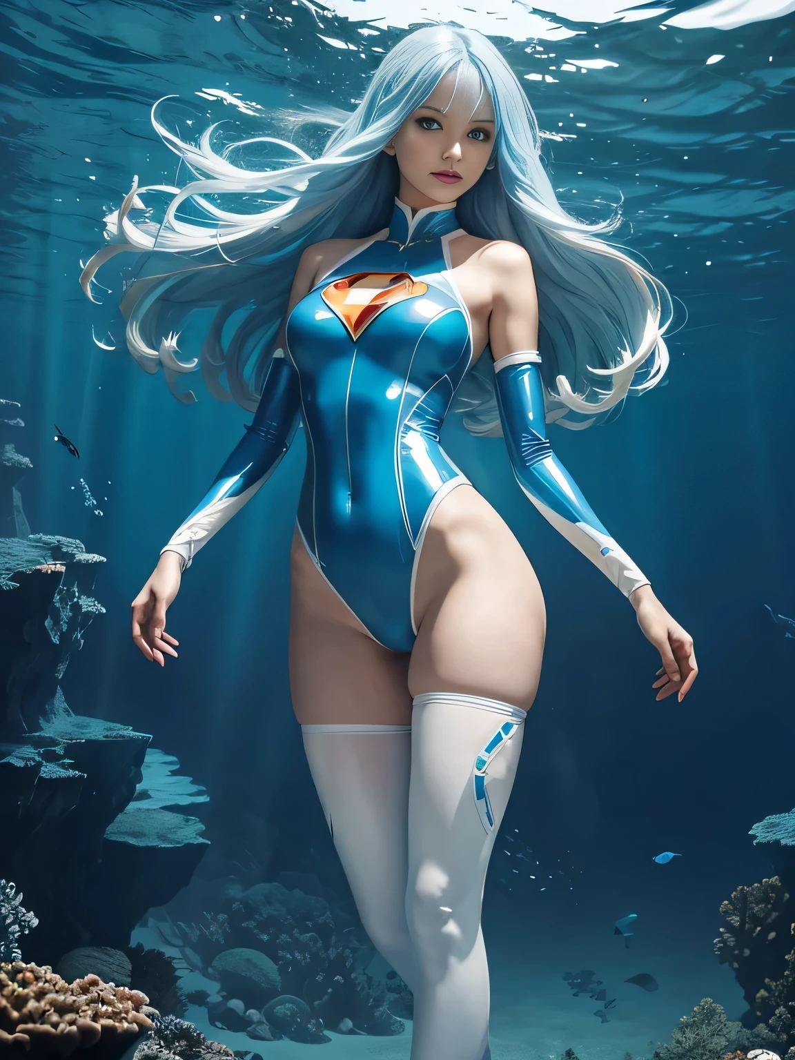 superheroine, long long gorgeous light blue hair, slender body, latex, leotard blue and white costume, frying undersea