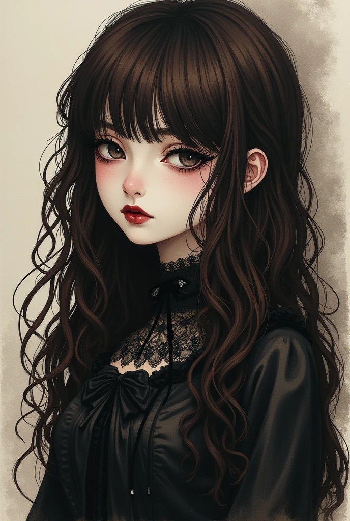 Create a girl with long brown full curly hair, bangss, white but more pale, has small, slanted eyes with very striking eyeliner and a wine-red mouth. She wears Gothic clothes. I want it in an ink drawing style. She has a sad expression