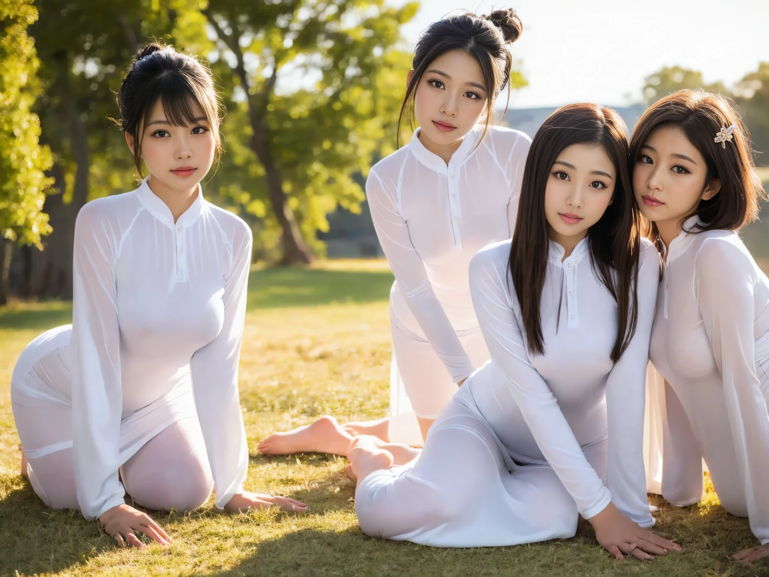 masterpiece, Highest quality, figure, Very detailed, The finer details, High resolution, 8k,wallpaper, Perfect dynamic composition,(Detailed high quality, Realistic depiction of eyes:1.3), (Three Girls), (Ao Dai:1.3), Seraphim, Short Bob Hair, The background is an empty living room, Deep in the field, Black hair color, Big Natural Color Lip, (Perfect figure), (smile)、Harajuku Style、Beautiful Japanese women:1.4), Adorable expression、Expressions of happiness、Very beautiful、Beautiful feet, Idol Sculpture、Big Breasts