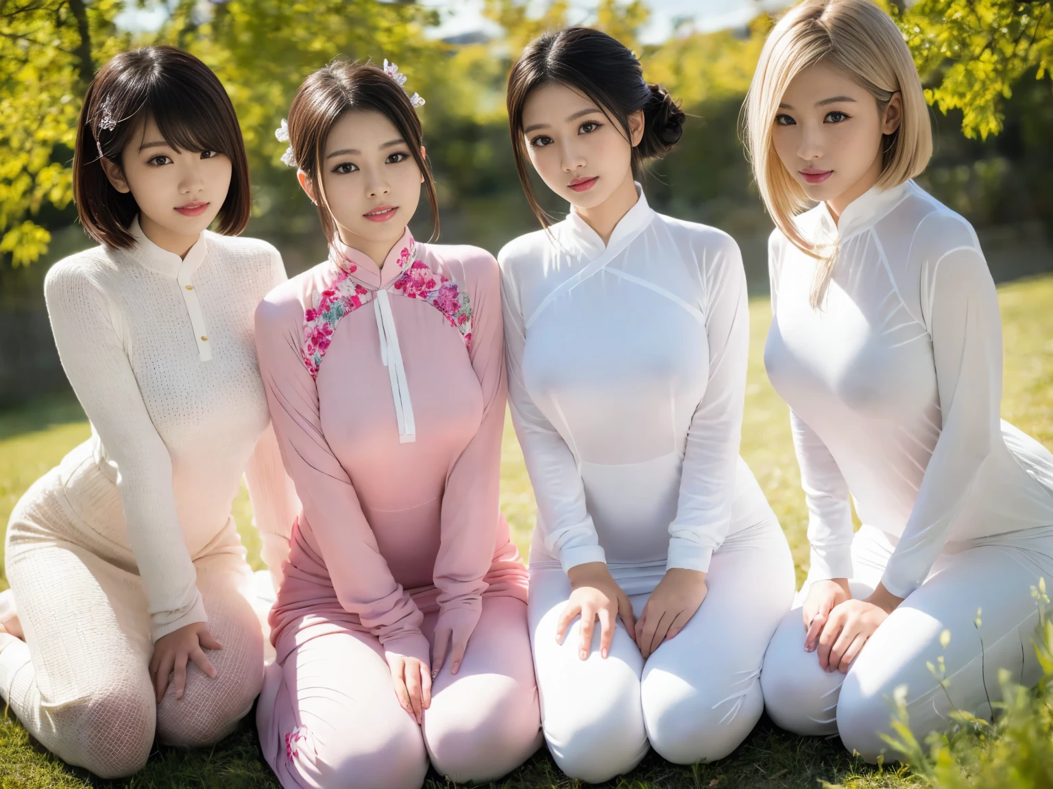 masterpiece, Highest quality, figure, Very detailed, The finer details, High resolution, 8k,wallpaper, Perfect dynamic composition,(Detailed high quality, Realistic depiction of eyes:1.3), (Three Girls), (Ao Dai:1.3), Seraphim, Short Bob Hair, The background is an empty living room, Deep in the field, Black hair color, Big Natural Color Lip, (Perfect figure), (smile)、Harajuku Style、Beautiful Japanese women:1.4), Adorable expression、Expressions of happiness、Very beautiful、Beautiful feet, Idol Sculpture、Big Breasts