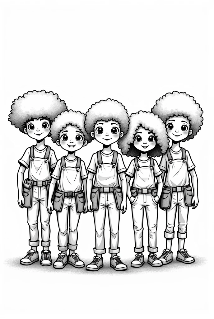 best quality, highres, masterpiece:1.2, ultra-detailed, cartoon :1.37. , white background, monochromatic, line drawing, sketch., ensuring the lines are clear and well-defined for easy coloring. 6 kids with afro hair wearing a tool belt ready to work Hispanics