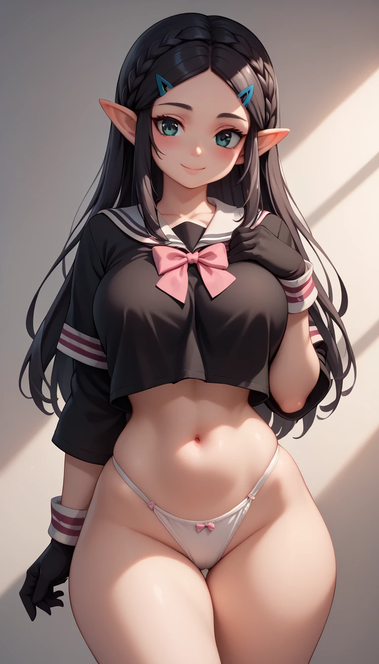 High resolution, Very detailed, perfect lighting, beautiful detailed eyes, ((masterpiece,Best Quality)), absurdities, alone, princess zelda, by the width, crown braid, Hair clip, pointy ears, Gloves without fingers, black gloves, smile, curves, nod, , deep neckline, deep neckline, black school uniform with white details,short skirt, visible underwear, White Thong, black uniform, black shirt with pink bow, touching her breasts in a sexy way, close up, Black hair