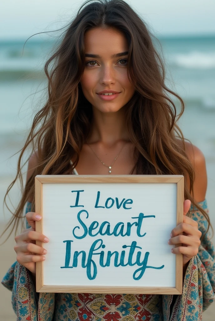 Beautiful girl with wavy long hair, bohemian dress, holding a white board with text "I Love Seaart Infinity" and showing it to the viewer