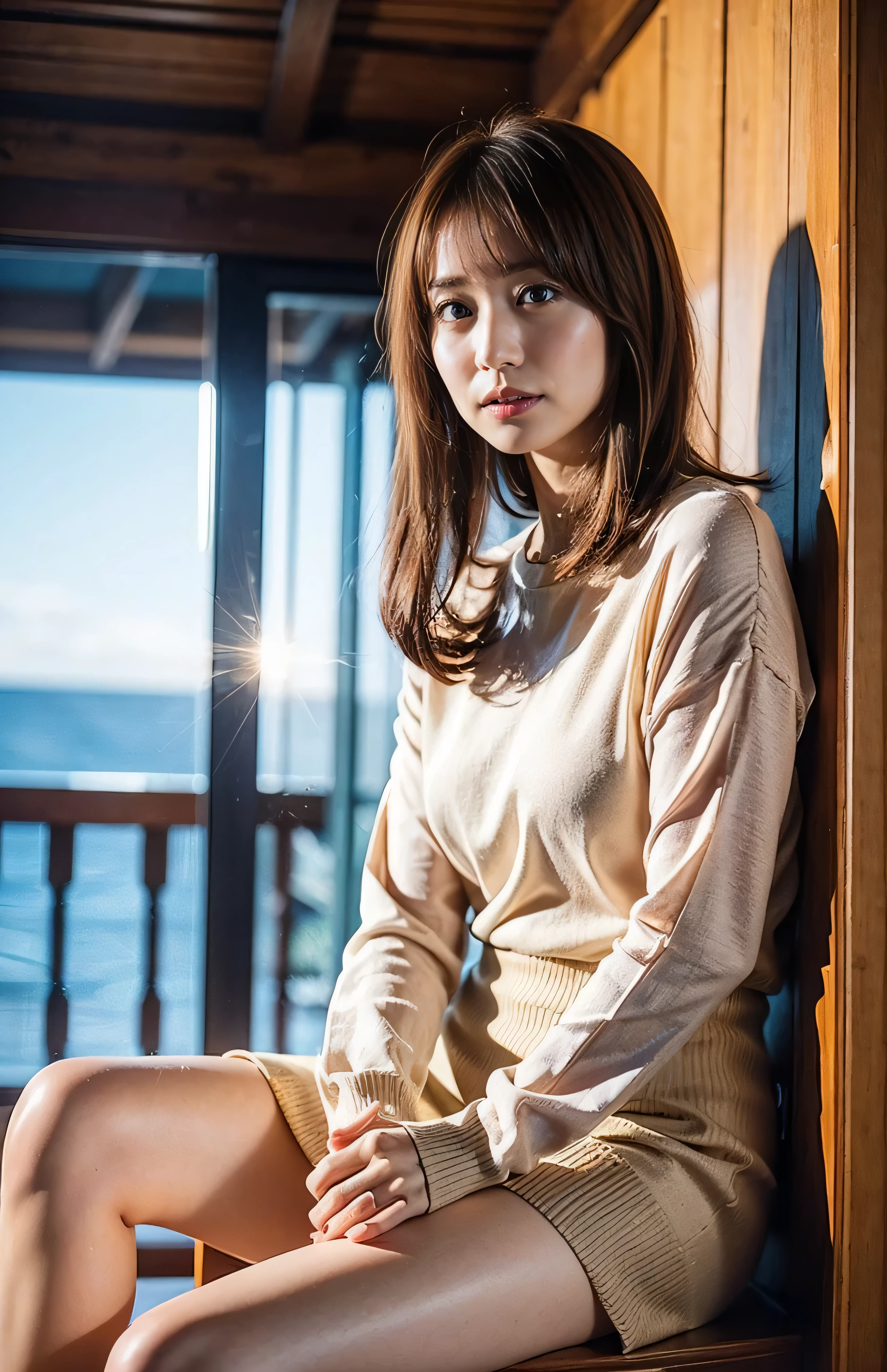 At the front desk of a luxurious inn、Midsummer Fashion、The sky turns red、Wet white t-shirt and jeans、、Light brown hair、Elegant hairstyle、Blue Eyed Woman、A woman with a cute upward gaze、When the sky gets dark、The sky turns red as the sun sets、Tight clothing that shows your body lines、、Elegant summer knitwear、Elegant summer sweater、Dress elegantly着こなす、Luxury Bagedium Shorthair:1.4))、The sun shines on her、Light brown hair、Light brown hair、The sky was dyed red、There are clouds、private's cute、Her ample breasts are obvious even through her clothes..、The shining sun is so beautiful、Dusk is approaching、Lens flare、I can see the sunset、((Sunlight reflecting off the ocean、Ocean View、The sun shines on the sea、'beautiful.、Small earrings、private'evening、Birds are also flying、、Brown Hair Color、Tying up hair、The woman is on the right:1.4))、Luxury leather belts、Shiny clothes、Light beige hair color、Background Blur、Braid only the front hair、Light brown hair、{{Cowgirl Shot}}、((Close-up shot from the waist up、Ample breasts:1.4))、Smile、Silk clothing、Ample breasts that can be seen even through clothes、Braid only the front hair、Cowboy Shot、Gorgeous white collared silk shirt and brown skirt、Dress elegantly、Luxury Bags、A lovely smile、((Ample breasts))、Full body photo、ring、Short skirt、Tuck your hair behind one ear、Silver Necklace、smile、 Elegant ponytail、Caustics、Highly detailed photos、Very beautiful and ideal short hair、Super no makeup、(8k、RAW Photos、Highest quality、masterpiece:1.2)、(Realistic、Realistic)、1 girl、((Medium Short Hair、Looking into the camera:1.4))、Hair blowing in the wind