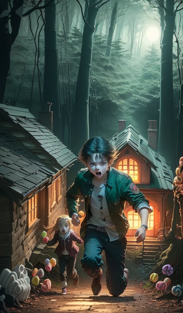 (Anime style:1.5), (highly detailed), (1 boy and 1 girl running out of the candy house in deep forest:1.7), (eerie atmosphere), (scared expressions:1.7), (house in flames behind them), (night sky illuminated by the fire), (sweets and treats all around), (forest path ahead), (sense of urgency and relief)