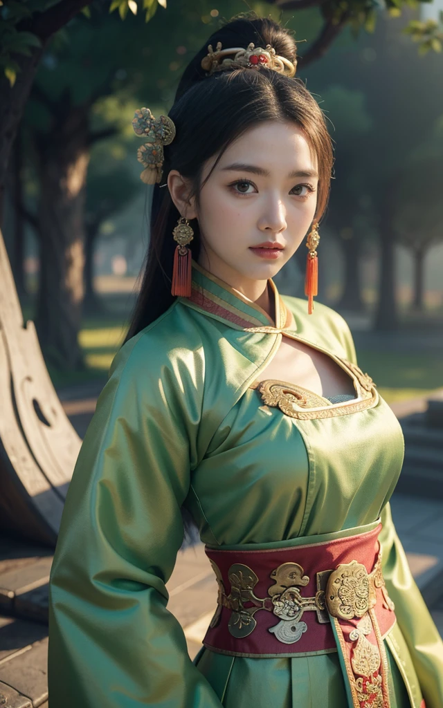 The art depicts a charming woman dressed in a flowing, silky traditional oriental dress, green, decorated with intricate patterns and bright colors. Her dress drapes elegantly over her curvy figure, accentuating her seductive silhouette. She sits gracefully under the quiet moon, bathed in the soft glow of the moonlight. The scene exudes an ethereal and dreamy atmosphere, with a touch of mystery and sexiness. The graphic style blends watercolor and digital illustration techniques to evoke a refined beauty and charm. The lights are filled with soft moonlight, casting soft highlights and shadows on her charming features. Bare thighs, big breasts, three-dimensional facial features, sitting, 2 hands, 2 legs, side braids