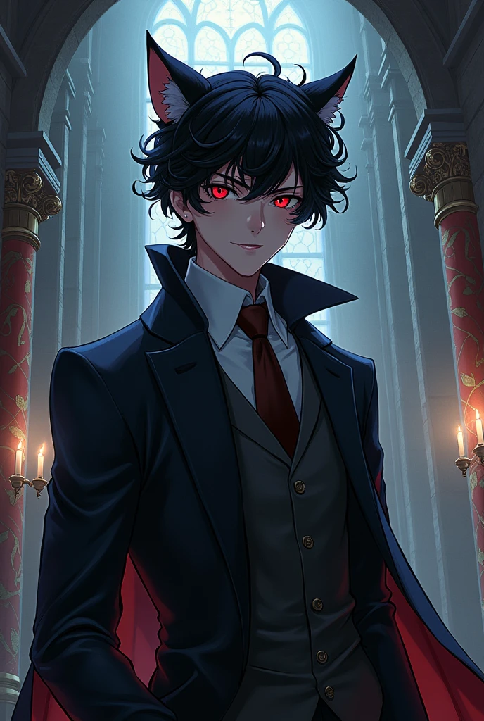 Anime man with black curly hair wolf ears and red eyes in a castle
