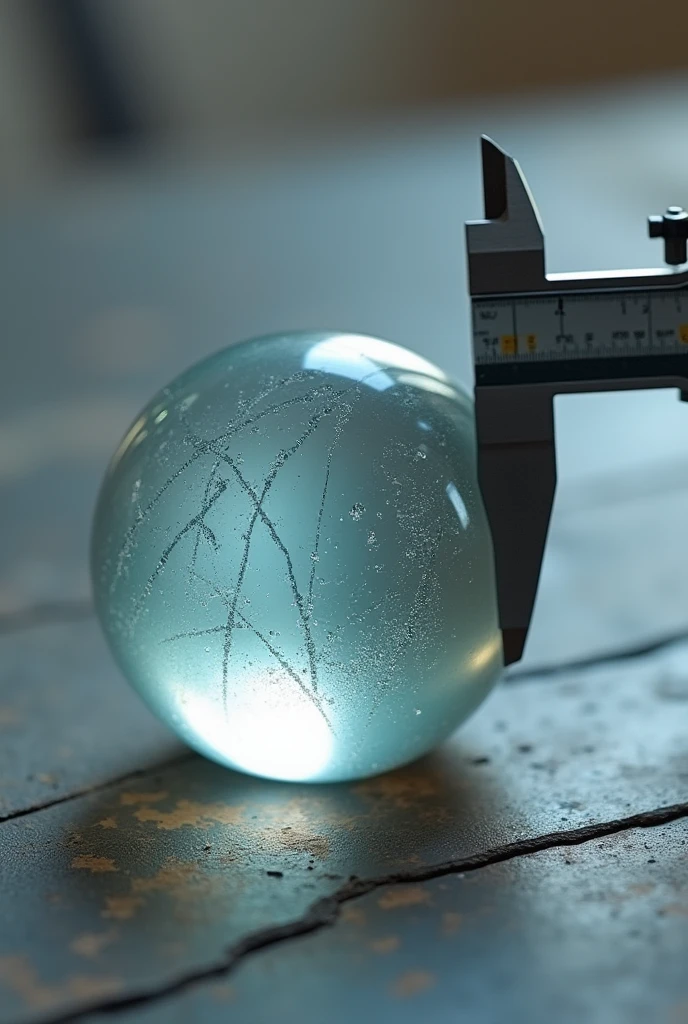 a caliper correctly measuring a glass marble by its diameter