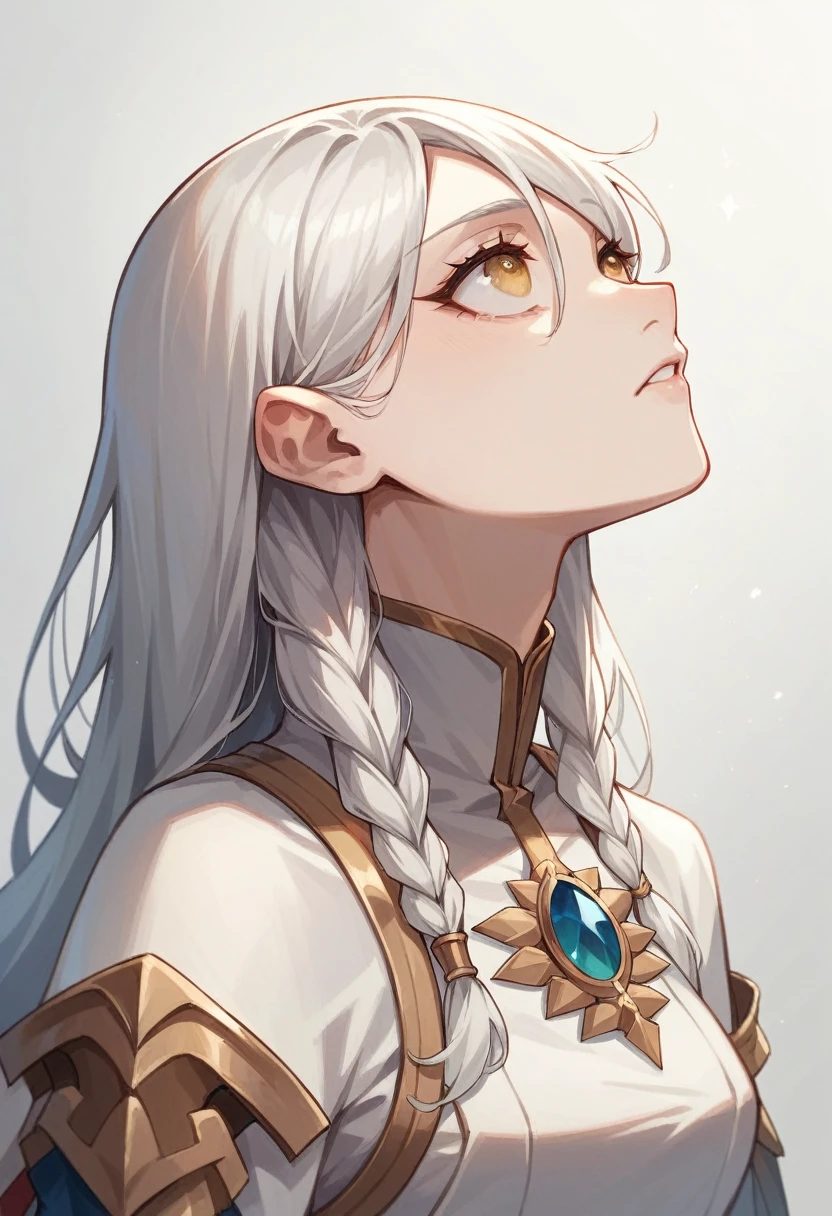 best quality, masterpiece,white hair, gold eyes,white clothes, looking up, upper body,hair strand,Fair skin,side braids