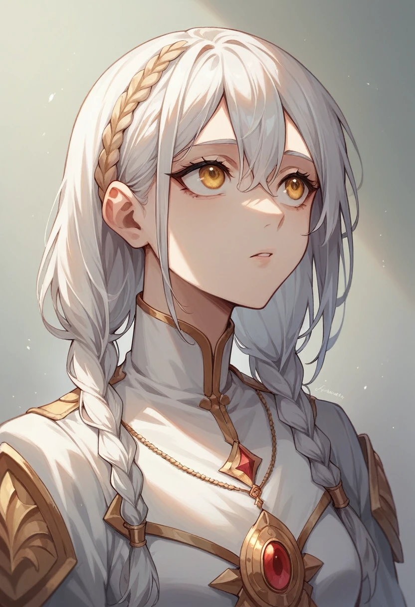 best quality, masterpiece,white hair, gold eyes,white clothes, looking up, upper body,hair strand,Fair skin,side braids