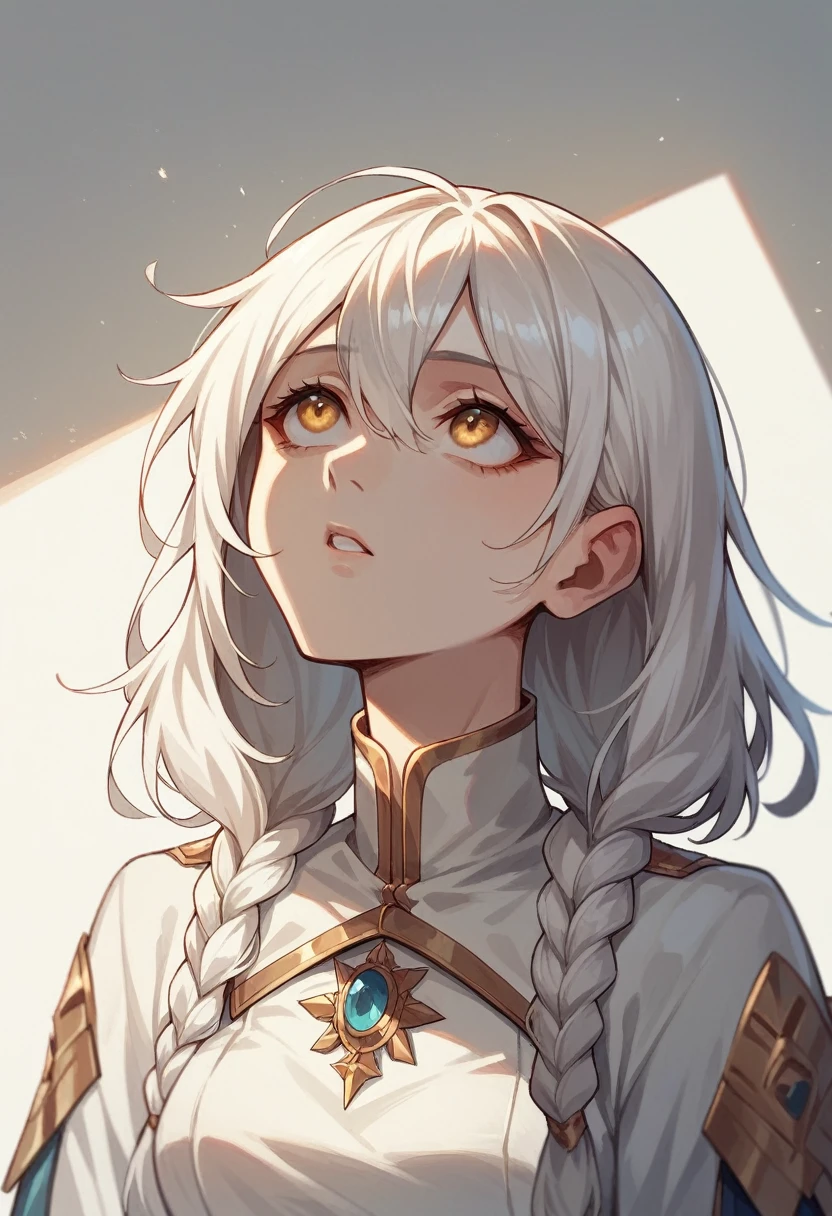 best quality, masterpiece,white hair, gold eyes,white clothes, looking up, upper body,hair strand,Fair skin,side braids