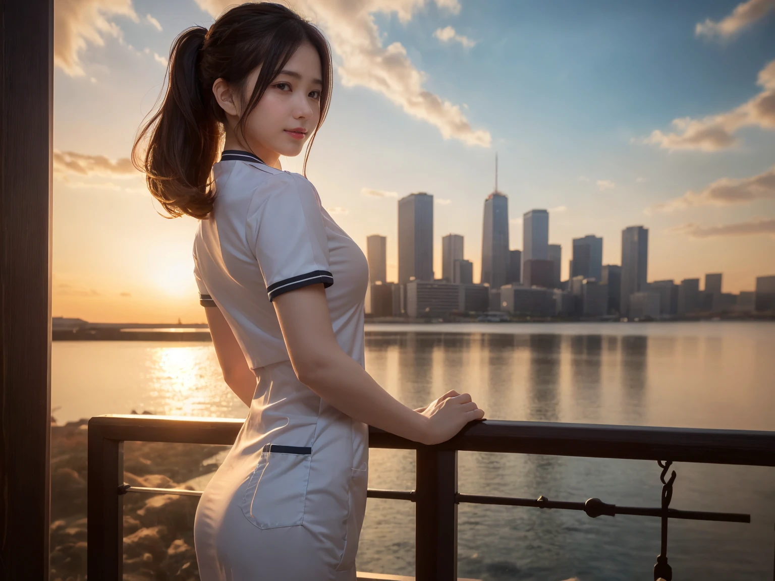 masterpiece, Highest quality, figure, Very detailed, The finer details, High resolution, 8k,wallpaper, Perfect dynamic composition,(Detailed high quality:1.3),(A tight-fitting nurse's uniform with buttons on the collar and chest), Seraphim, The background is an empty changing room, Deep in the field, Black hair color, Big Natural Color Lip, (Perfect figure), (smile)、Harajuku Style, Adorable expression、Expressions of happiness、Amazingly cute、Cute type、Beautiful feet, Idol Sculpture、Braid、Glasses、Big Breasts