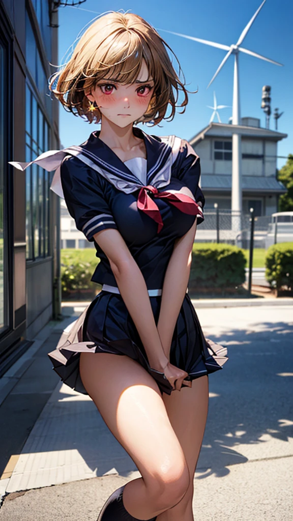 (masterpiece:1.2, Highest quality), (Realistic, photoRealistic:1.4), Beautiful illustrations, (Natural Side Lighting, Cinema Lighting), ,
(View your viewers), 1 girl, Japanese, high school girl, Perfect Face, Cute and symmetrical face, Glowing Skin, ,
(short hair:1.5, Pixie Cut:1.4, Blonde), Pin your bangs back, Red eyes, Long eyelashes, (Large Breasts:0.6, Thick thighs),
Beautiful Hair, Beautiful Face, Beautiful attention to detail, Beautiful clavicle, Beautiful body, Beautiful breasts, Beautiful thighs, Beautiful feet,
((Detailed cloth texture, Cute short-sleeved sailor uniform, Pleated skirt, Sailor collar, Sailor scarf, socks, Brown Loafers)),
(Beautiful views), Daytime, River side, (Look forward), (Annoyed expression, Blushing, Embarrassed expression), (((Pulling on skirt, Wind power increase))),
