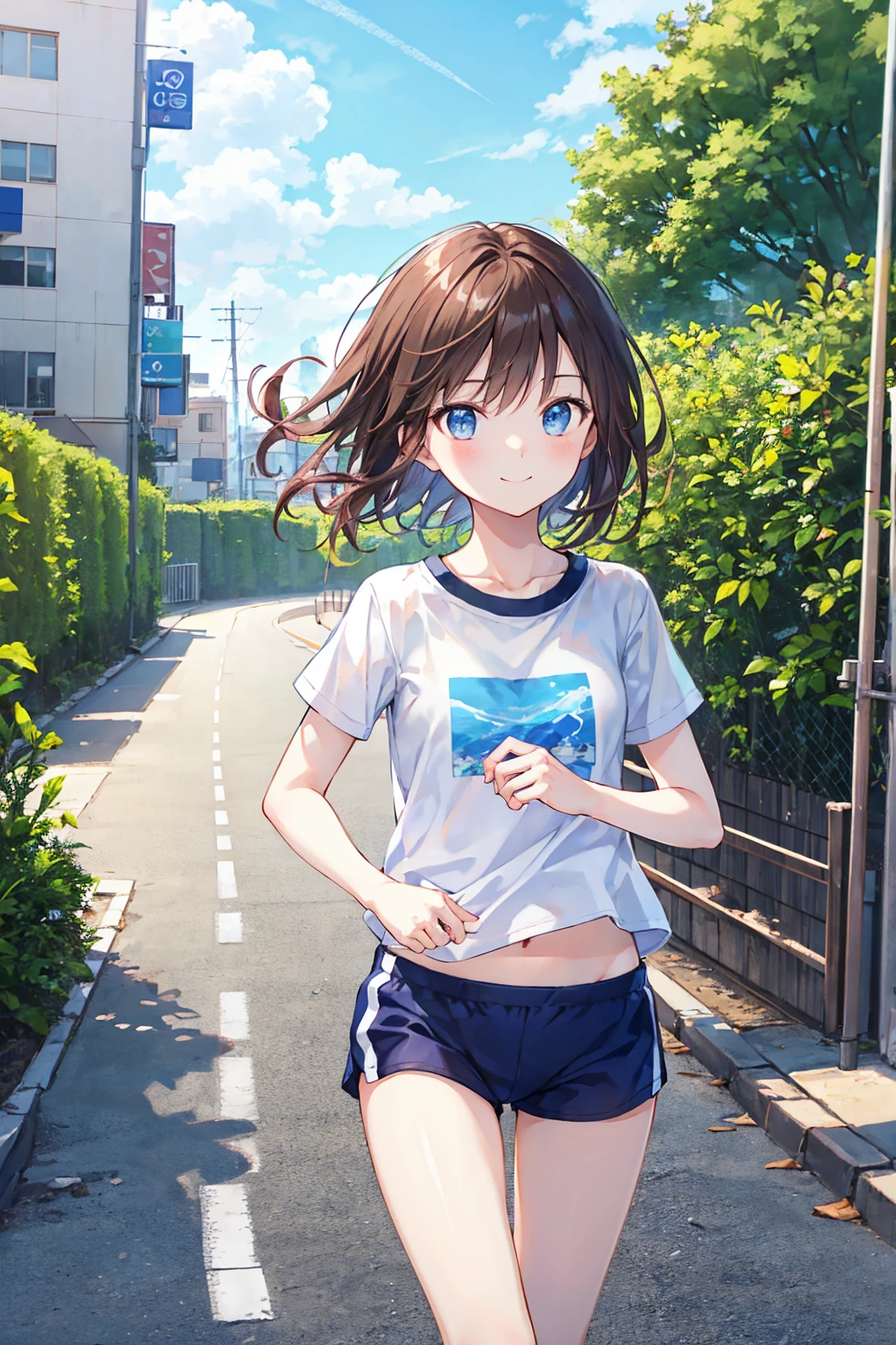 （Cute older sister:1.3）、 smile,Summer atmosphere、Plain T-shirt、Brown Hair、　(Running 1.3)，blue sky，Small breasts，Flat chest，((Highest quality)), (Very detailed), (High-definition CG synthesis 8k wallpaper), 高いly detailed,  高い-definition raw colbor photos, Professional photography,  Written boundary depth,