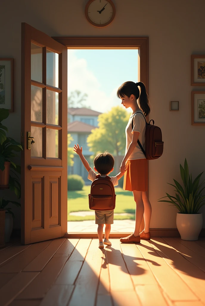 A child leaving home for school while his mother watches him wave goodbye