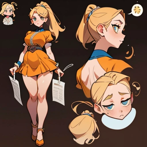 A girl with an oval face with large, expressive amber eyes. She wears subtle makeup to highlight her natural beauty.
Long, golden blonde hair, worn in a high ponytail or loose with waves. Adorned with headbands
Body with a curvy and attractive figure. Golden-toned skin
Dressed in orange and blue erotic Lingerie and with fairy wings
(((character sheet))) ((various views)) ((front and back) (Face detail) (full body)