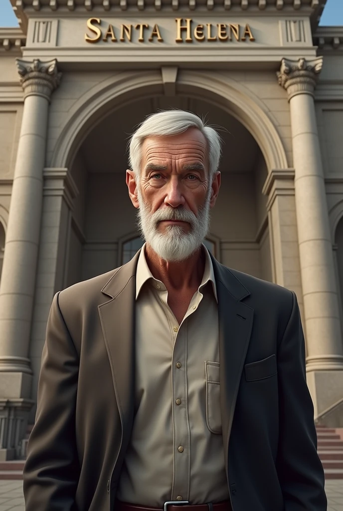 Create an image of a 75 year old man with a short white beard. The background of the image must contain a hospital named Santa Helena.