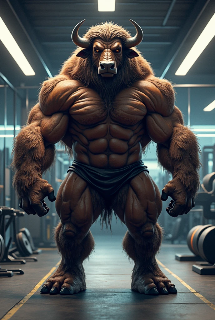 2D A very muscular buffalo without hump standing upright at the gym