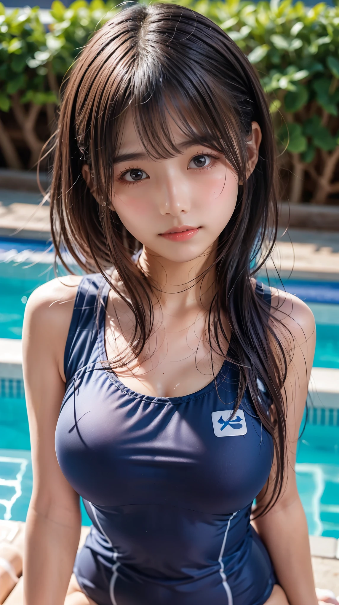 (((A beautiful girl in a school swimsuit poses cutely by the pool:1.2)))、((、Idol Face))、A captivating smile、((Super Straight Hair、Two side up hairstyle:1.2))、Beautiful breasts、Cleavage、Nice breast bag、Perfect body line、(Detailed eyes and face:1.2、Professional photography techniques)、Highest quality、Highest quality、Masterpiece、Ultra high definition、(Correct Anatomy)