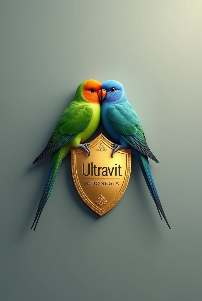 Lovebirds,gold shield logo,says ultravit indonesia,background grey