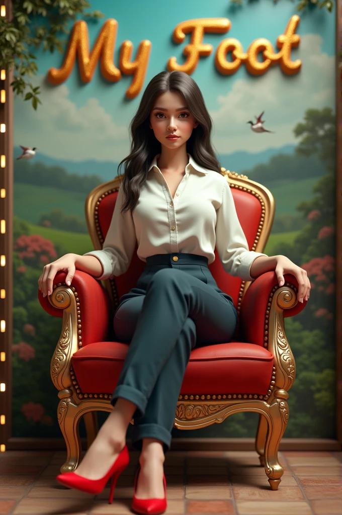 Create a 3D realistic image of a 25-year-old rich girl sitting on a fancy chair in the village wearing a Ted and Red shut pants, wearing beautiful red high-heeled shoes. while a man sits on the ground at her feet and wipes her feet with his tongue. My name is spelled "My Foot" in the village where fields, trees,Birds, attractive fonts, high quality, realistic images are used.