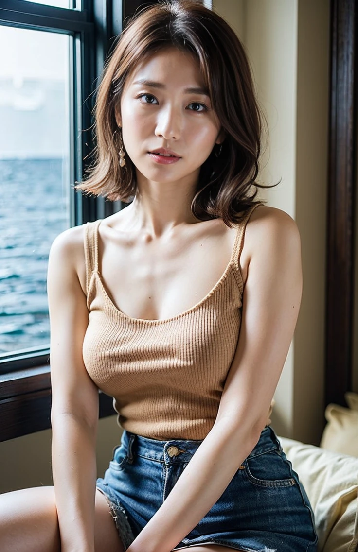 ((mid-breasted, tomboyish, small-headed)), daylight, sunlight, (chiseled abs: 1.1), (perfect body: 1.1), (short wavy hair: 1.2), reddish brown hair, collar, chain, full body shot, tank top, (miniskirt)), (very detailed CG 8k wallpaper), (very delicate and beautiful), (masterpiece), (best quality: 1.0), (super high definition: 1.0), beautiful lighting, Perfect lightning, realistic shadows, [High Resolution], Detailed skin, Super detailed, (happy / happy expression), no bra, (sitting on a chair), Open legs, NSFW, Complex underwear, Sexy pants, Watching from below,