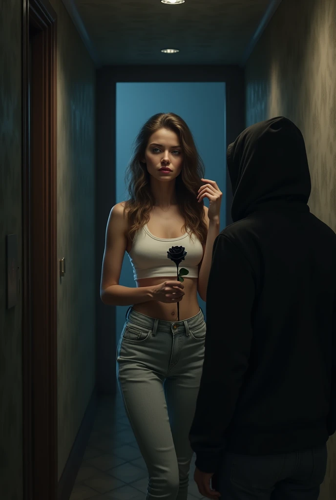 The brown haired woman, long and slightly wavy, has a thoughtful look, as if she were immersed in her own emotions. wearing light denim pants and a white tank top, highlighting your silhouette in a delicate way. The black rose she holds in one hand, symbolizing passion and mystery.
The light coming from the door behind her illuminates the dark hallway of the mansion a little., accentuating the curves of her face. The shadowy figure visible in front of her seems to be watching her., a man wearing a black hoodie adding an element of suspense to the scene. This enigmatic presence suggests an untold story, an intriguing connection between the two.