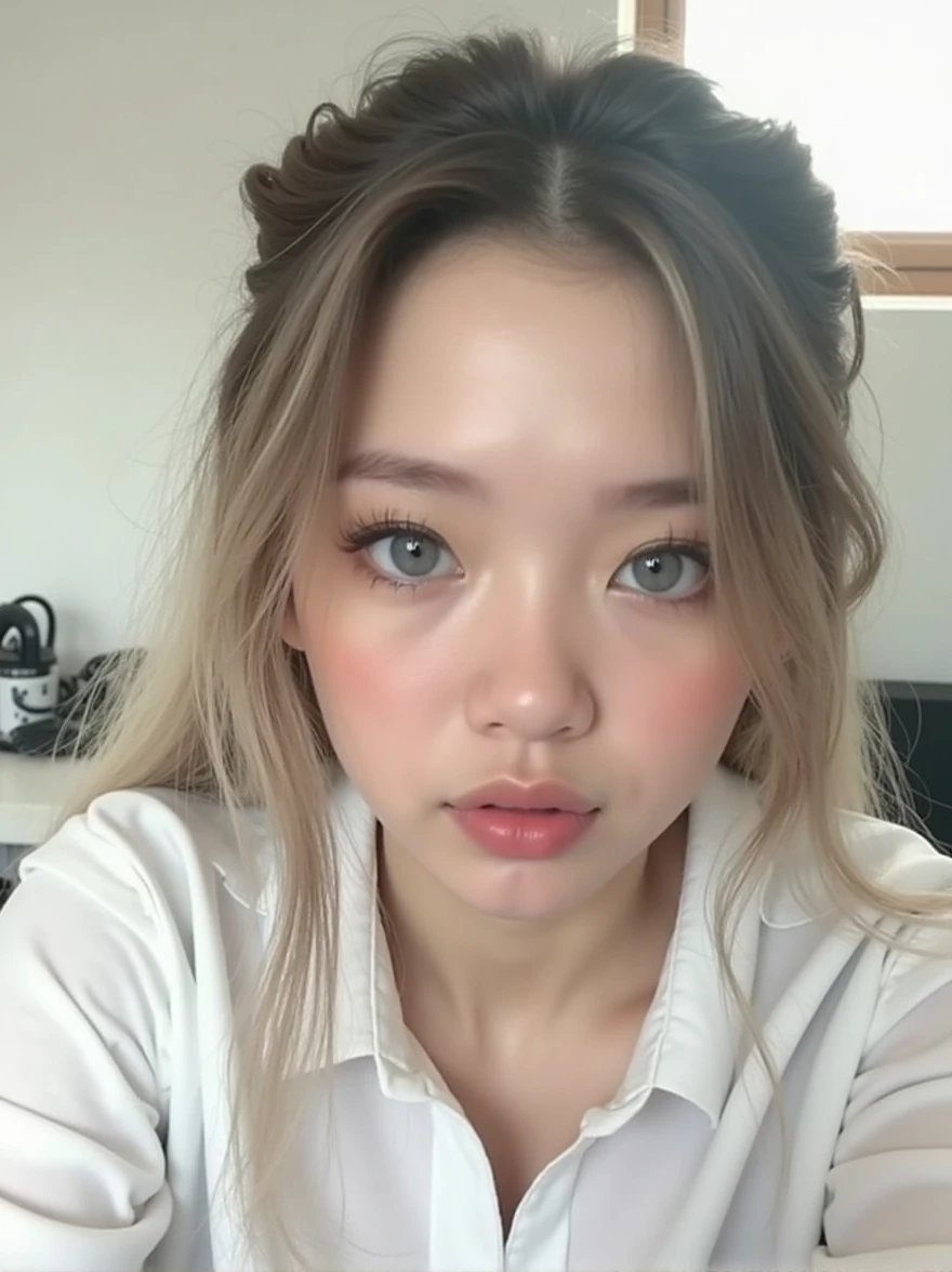 (a closeup:1.4)、(RAW shooting:1.2)、(Photorealsitic:1.4)、(masterpiece:1.3)、(top-quality:1.4)、bright expression、extremely beautyful girl、Extraordinary beautiful girl、Detailed cute and beautiful face、Beautiful bangs、Glowing white shiny skin、facial hairs、Bangs that extend to the face、Bangs between the eyes、Super long hair、Attractive light and dark platinum blonde super long straight silky hainer hair、Attractive glowing beautiful bright clear light blue big eyes、Luxurious dresses、Double eyelids、Lush bust、The upper part of the body、