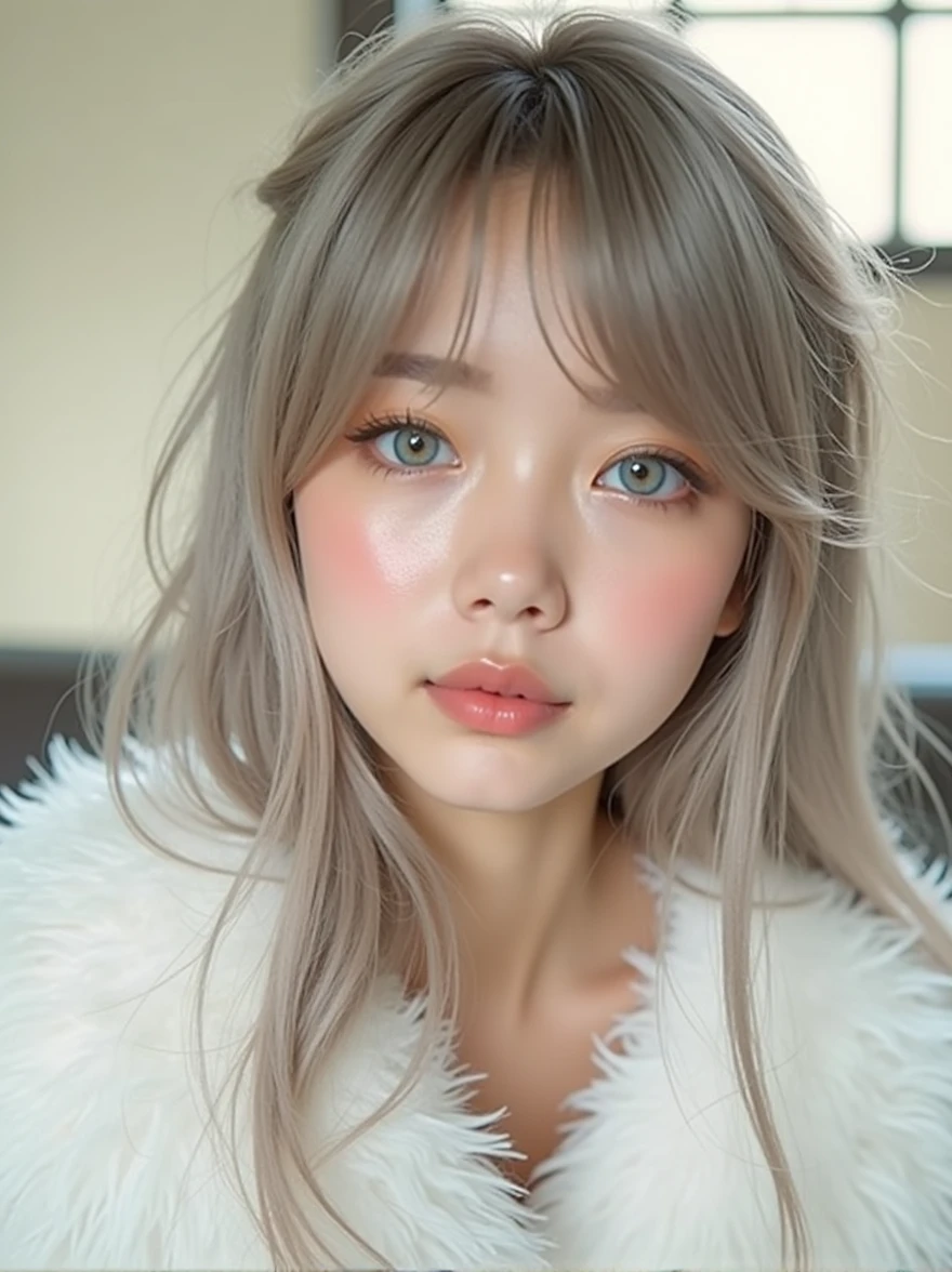 (a closeup:1.4)、(RAW shooting:1.2)、(Photorealsitic:1.4)、(masterpiece:1.3)、(top-quality:1.4)、bright expression、extremely beautyful girl、Extraordinary beautiful girl、Detailed cute and beautiful face、Beautiful bangs、Glowing white shiny skin、facial hairs、Bangs that extend to the face、Bangs between the eyes、Super long hair、Attractive light and dark platinum blonde super long straight silky hainer hair、Attractive glowing beautiful bright clear light blue big eyes、Luxurious dresses、Double eyelids、Lush bust、The upper part of the body、