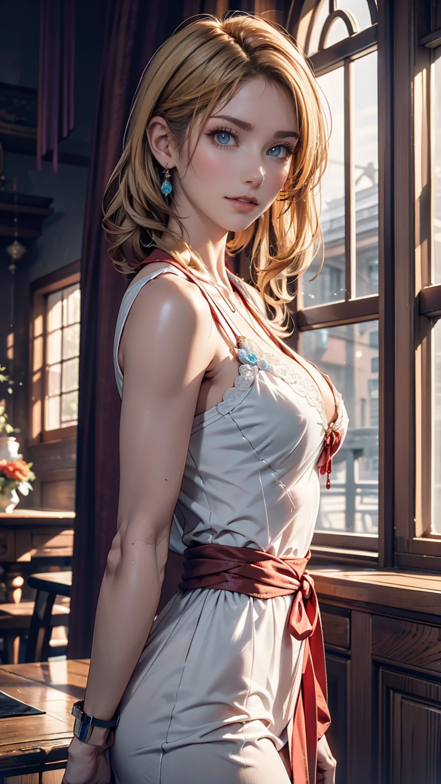 Beautiful blonde woman, The wax dress melts and drips off her body. (masterpiece: 1.2), (Highest quality), 4K, Very detailed, (Dynamic configuration: 1.4), Very detailed, Colorful details, (Rainbow colors: 1.2), (Bright lighting, Atmospheric lighting), dream-like, Magic, (alone: 1.2) 、Sexy proportions、Narrow waist、Long eyelashes、mature female body、Hair pulled up and tied back((hair pulled back))、blue eyes