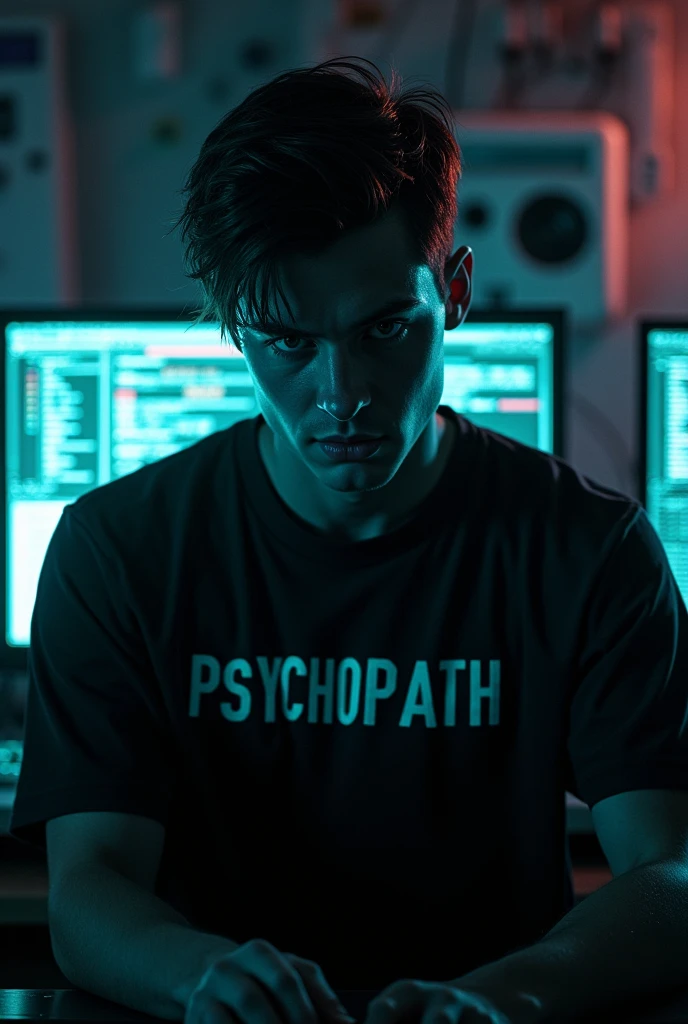 A male hacker wearing a black shirt with the word psychopath written on it.