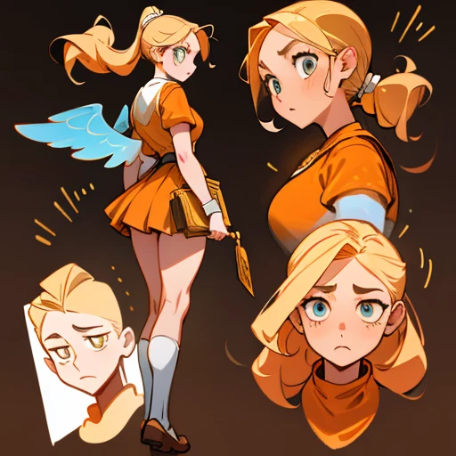 A girl with an oval face with large, expressive amber eyes. She wears subtle makeup to highlight her natural beauty.
Long, golden blonde hair, worn in a high ponytail or loose with waves. Adorned with headbands
Body with a curvy and attractive figure. Golden-toned skin
Dressed in orange and blue erotic school uniform skirt and with fairy wings
(((character sheet))) ((various views)) ((front and back) (Face detail) (full body)