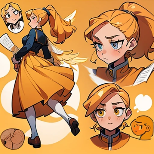 A girl with an oval face with large, expressive amber eyes. She wears subtle makeup to highlight her natural beauty.

Long, golden blonde hair, worn in a high ponytail or loose with waves. Adorned with headbands

Body with a curvy and attractive figure. Golden-toned skin

Dressed in orange and blue erotic  school uniform skirt and with fairy wings 

(((character sheet))) ((various views)) ((front and back) (Face detail) (full body)