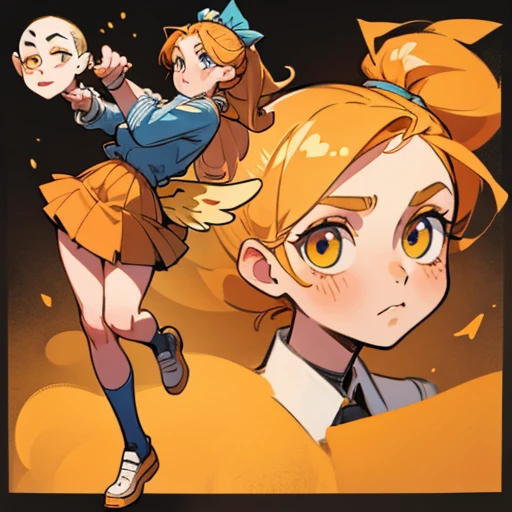 A girl with an oval face with large, expressive amber eyes. She wears subtle makeup to highlight her natural beauty.
Long, golden blonde hair, worn in a high ponytail or loose with waves. Adorned with headbands
Body with a curvy and attractive figure. Golden-toned skin
Dressed in orange and blue erotic school uniform skirt and with fairy wings
(((character sheet))) ((various views)) ((front and back) (Face detail) (full body)