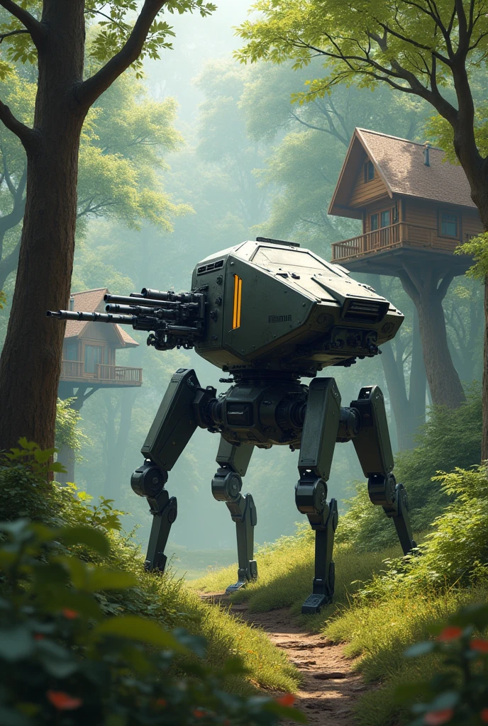 A quadruped robot with a machine gun on its back.
He is in a forest with some houses up in the trees.